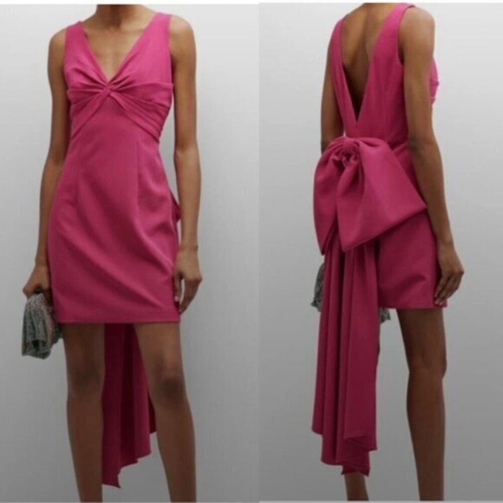 NWT Marchesa Notte Dress Front-Twist Back-Bow Mini Crepe in Pink